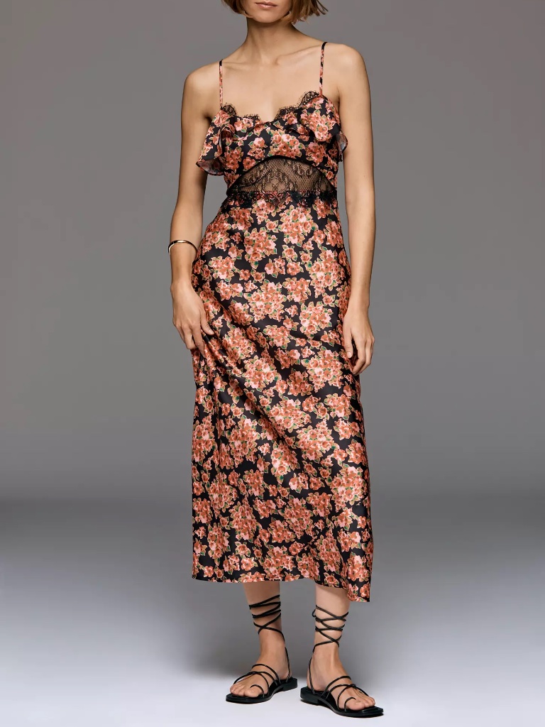 Anthropologie Sheer Lace Satin Slip Dress In Red Floral Nwt